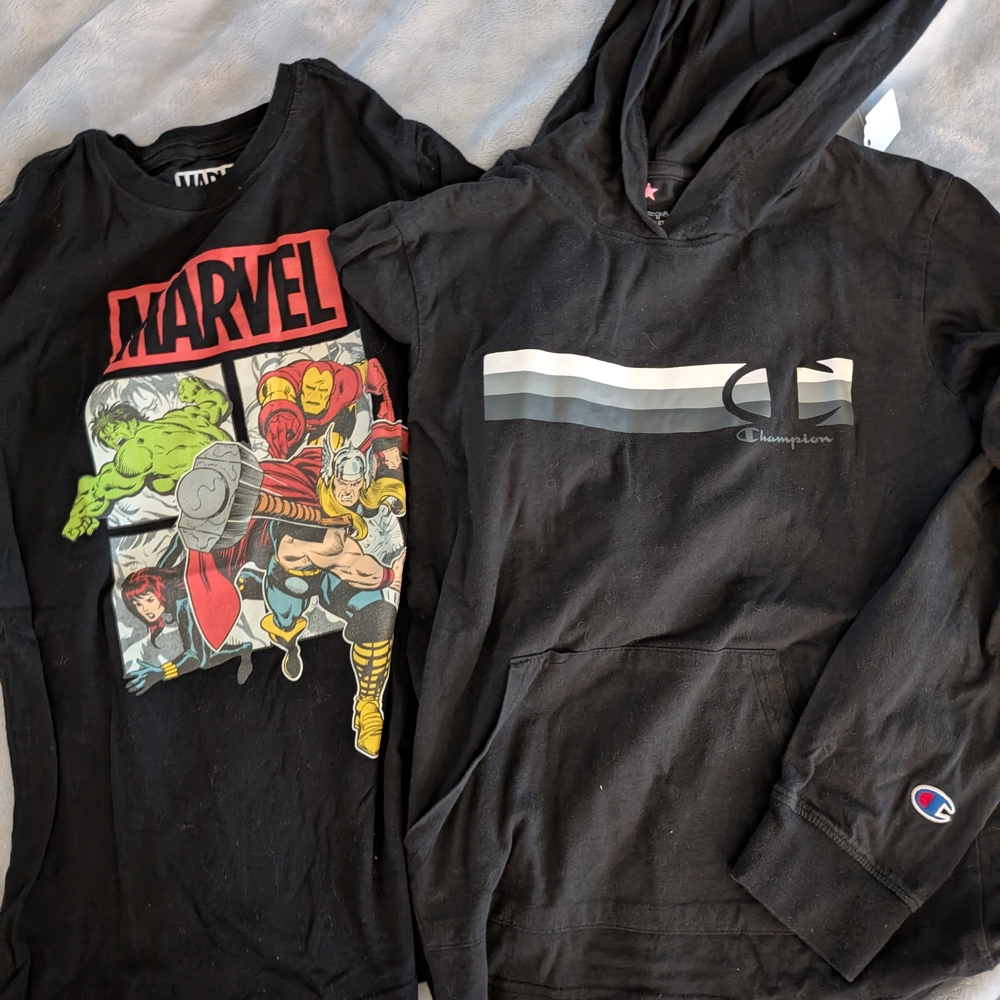 Black Champion Hoodie and Marvel T-Shirt